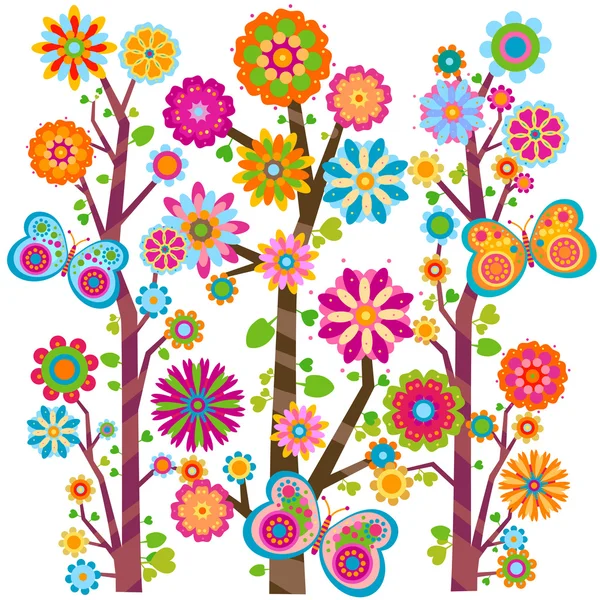 Çiçekli ağaç ve kelebekler — Stok Vektör