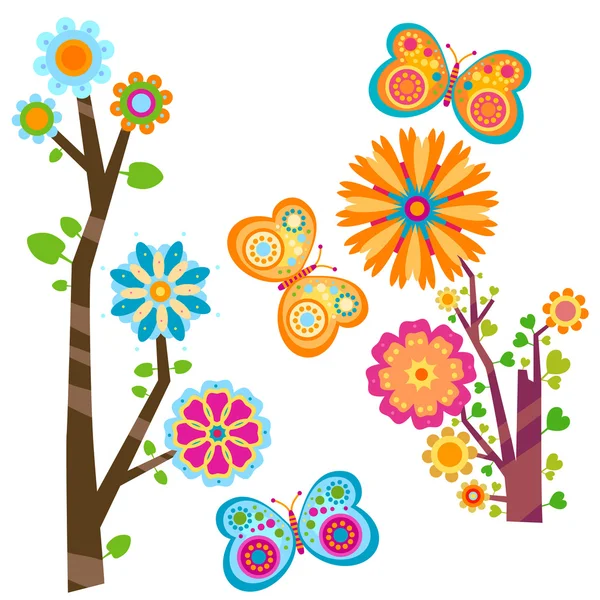 Árvore florescente e borboletas — Vetor de Stock