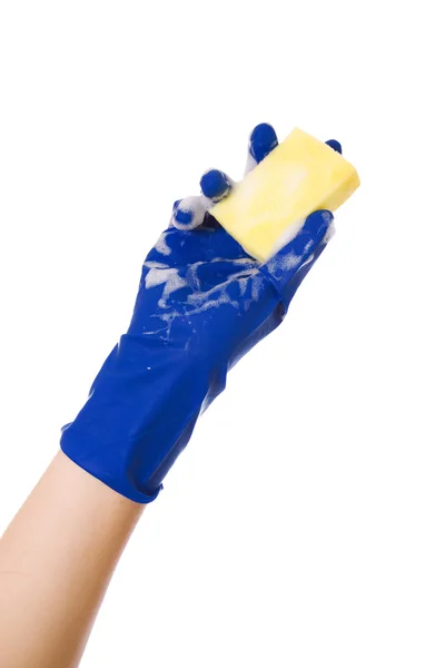 Mavi eldiven sünger Temizleme köpüğü tutan el — Stok fotoğraf
