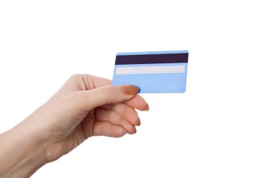 kredi kartı üzerinde beyaz izole tutmak el