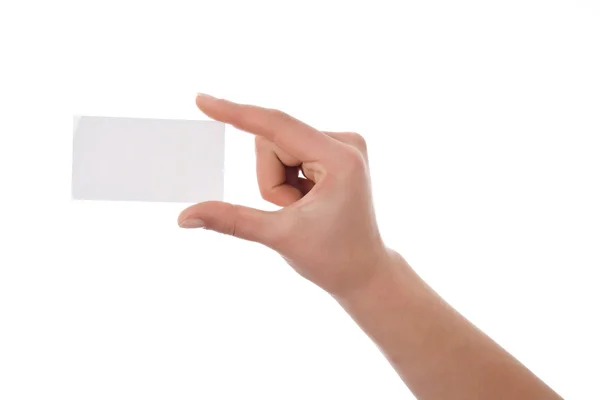 Mão segurando cartão de visita em branco isolado — Fotografia de Stock