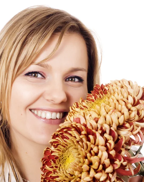 Beautiful woman with chrysanthemums — Stock Photo, Image