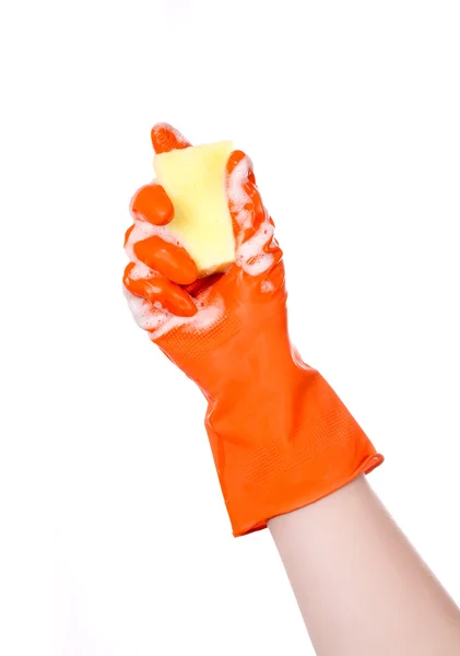 Hand with green glove holding — Stock Photo, Image