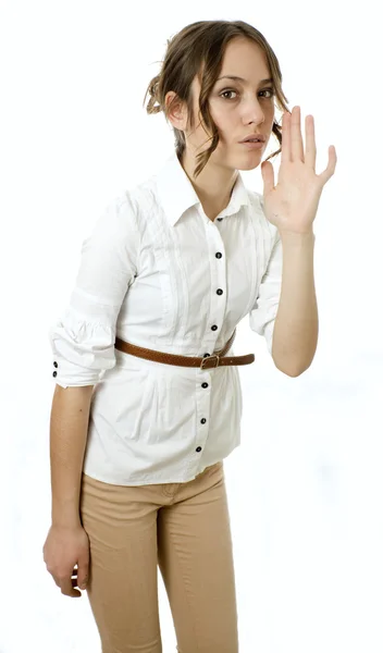 Profile view of girl calling someone against white — Stock Photo, Image