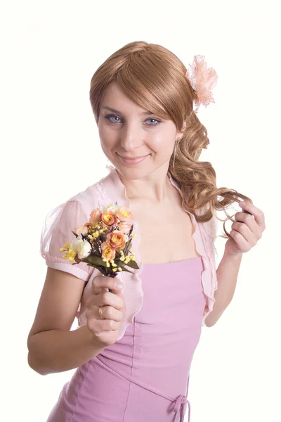 Girl with a bouquet of flowers — Stock Photo, Image