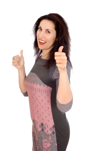 Glada leende affärskvinna med tummen upp gest — Stockfoto
