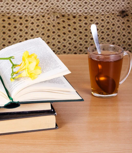 Kitap okumak ve çay çiçek — Stok fotoğraf