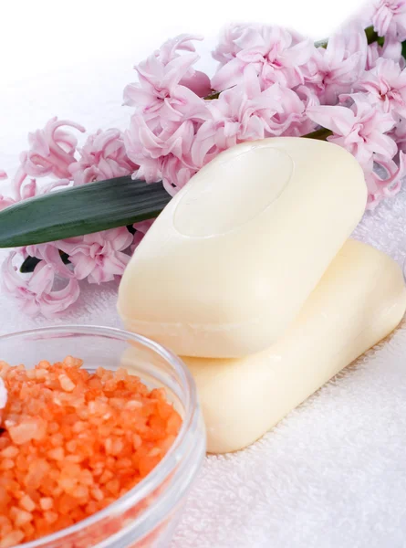 Sal de banho aromático, sabão natural à base de plantas e jacinto — Fotografia de Stock