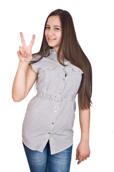 Woman giving peace sign — Stock Photo, Image