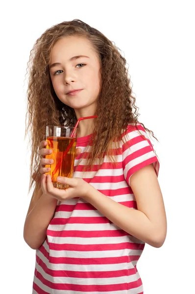 Girl with apple juice — Stock Photo, Image