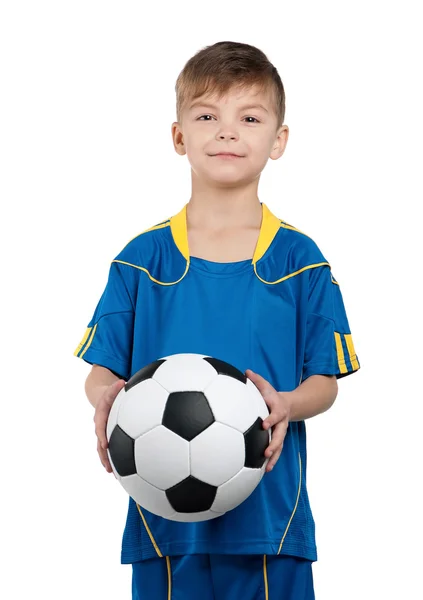 Menino em uniforme de futebol nacional ucraniano — Fotografia de Stock