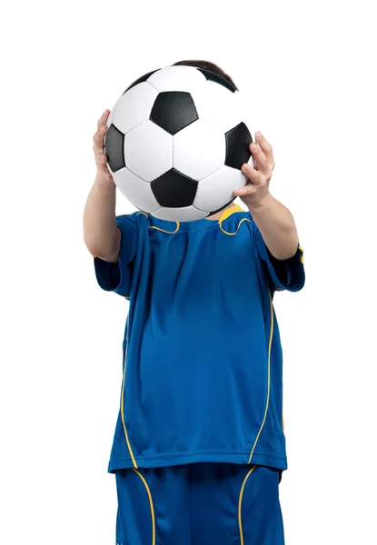 Menino em uniforme de futebol nacional ucraniano — Fotografia de Stock