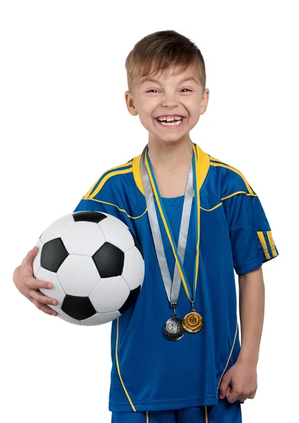 Niño en uniforme de fútbol nacional ucraniano —  Fotos de Stock