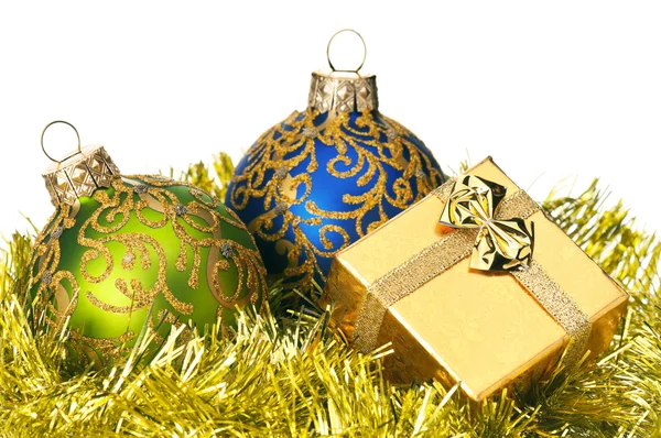 Christmas baubles and gift box — Stok fotoğraf