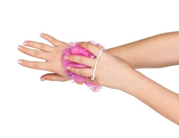 Hand with bath sponge — Stock Photo, Image