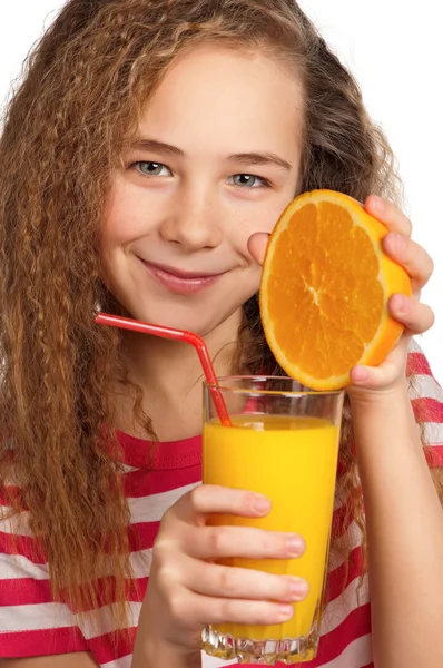 Menina com suco de laranja — Fotografia de Stock