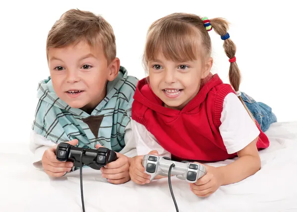 행복 한 여자와 소년 비디오 게임 — 스톡 사진