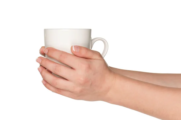Ręka z białe filiżanka — Zdjęcie stockowe