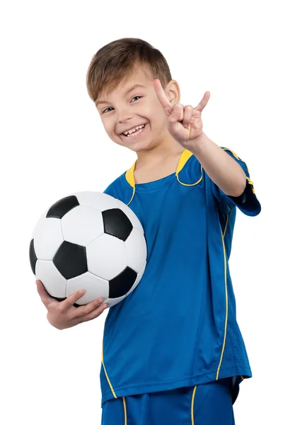 Junge in ukrainischer Fußballuniform — Stockfoto