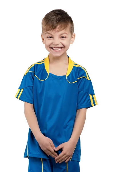 Niño en uniforme de fútbol nacional ucraniano — Foto de Stock