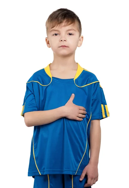 Garçon en uniforme national ukrainien de football — Photo
