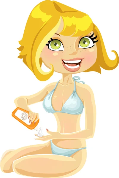 Belle fille en maillot de bain avec une crème pour les coups de soleil — Image vectorielle