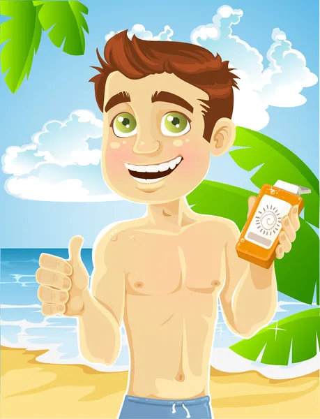 Jeune homme sur la plage avec de la crème pour les coups de soleil — Image vectorielle