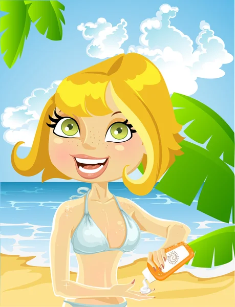 Mulher na praia com um creme para queimaduras solares — Vetor de Stock