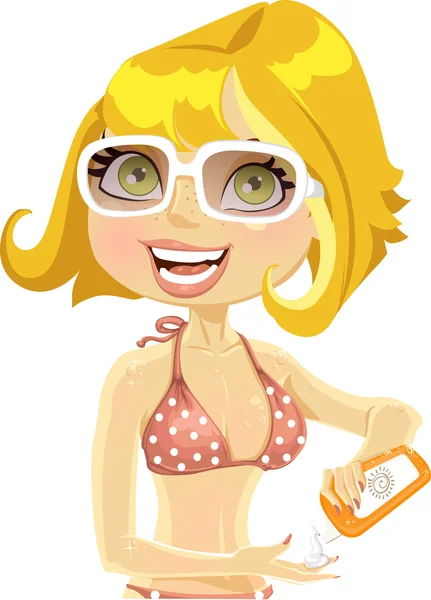 Femme à lunettes de soleil avec une crème pour les coups de soleil — Image vectorielle
