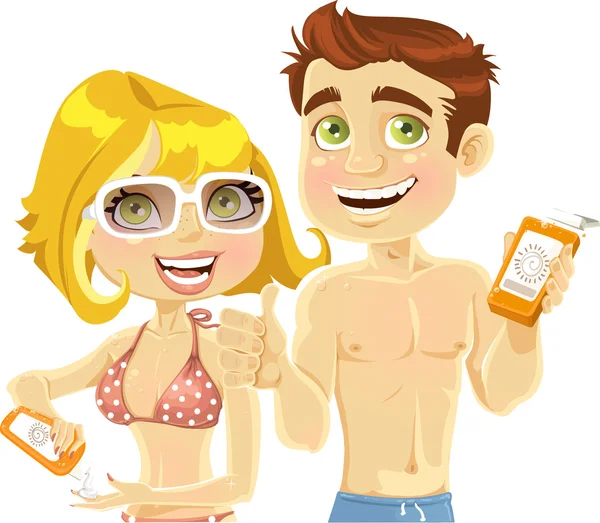 Mannen en vrouw met een crème voor zonnebrand — Stockvector