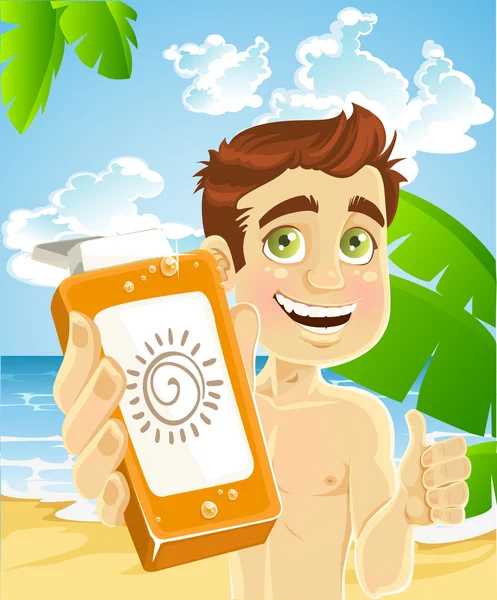 Man on the beach with cream for sunburn — Stock Vector