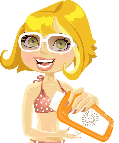 Femme à lunettes de soleil présente la crème pour les coups de soleil — Image vectorielle
