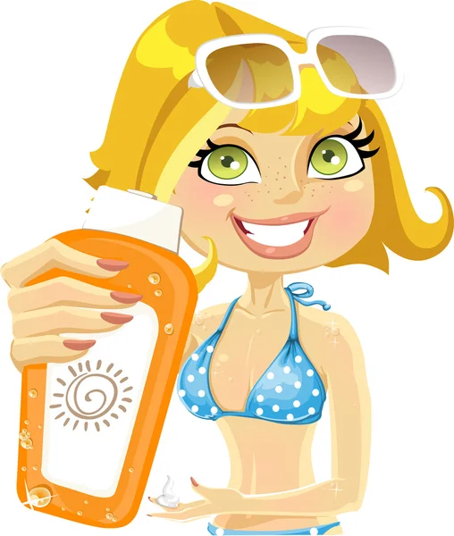 Blond kobieta prezentuje krem na oparzenia słoneczne — Wektor stockowy