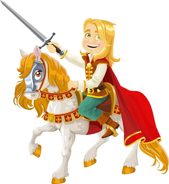 Principe azzurro su un cavallo bianco, pronto per l'atto di coraggio — Vettoriale Stock