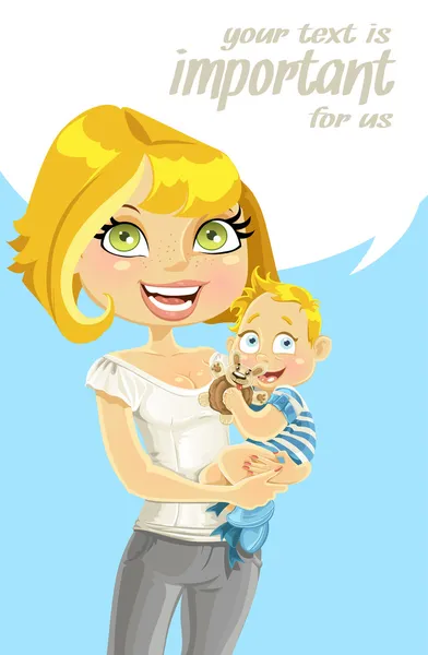 Pretty mom with her son in her arms with speech bubble — vektorikuva