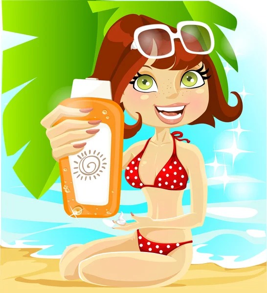 Prachtig brown haar meisje in een zwembroek met een crème voor zonnebrand — Stockvector