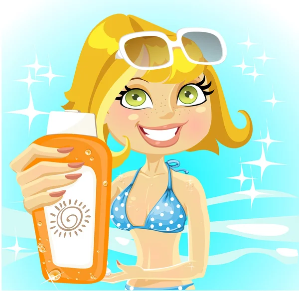 Femme présente la crème pour les coups de soleil sur fond de mer brillant — Image vectorielle