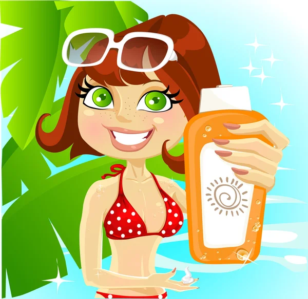 Vrouw presenteert crème voor zonnebrand op zee en palm achtergrond — Stockvector