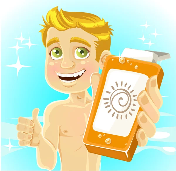 Blond men presents cream for sunburn on shiny sea background — Stock Vector