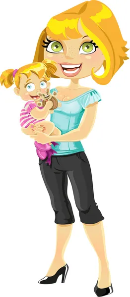 Mooie blonde mamma met meisje van de baby in haar armen — Stockvector