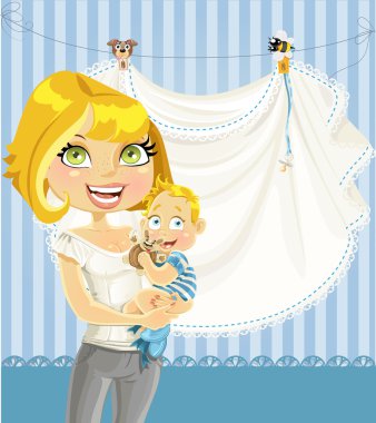 Mom with baby boy blue openwork announcement card clipart