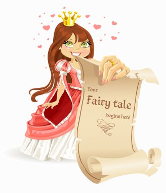 Cute brown haired Princess with banners - your fairy tale begins here clipart