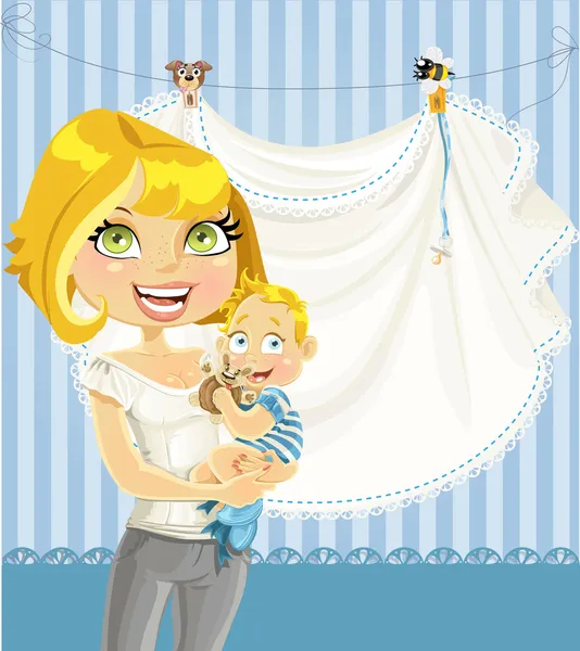 Madre con tarjeta de anuncio de bebé niño azul calado — Archivo Imágenes Vectoriales