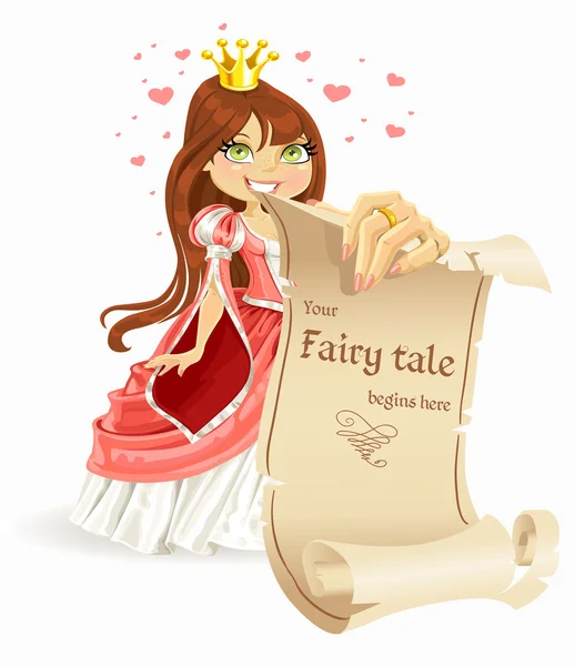 Cute brown haired Princess with banners - your fairy tale begins here — Stock Vector