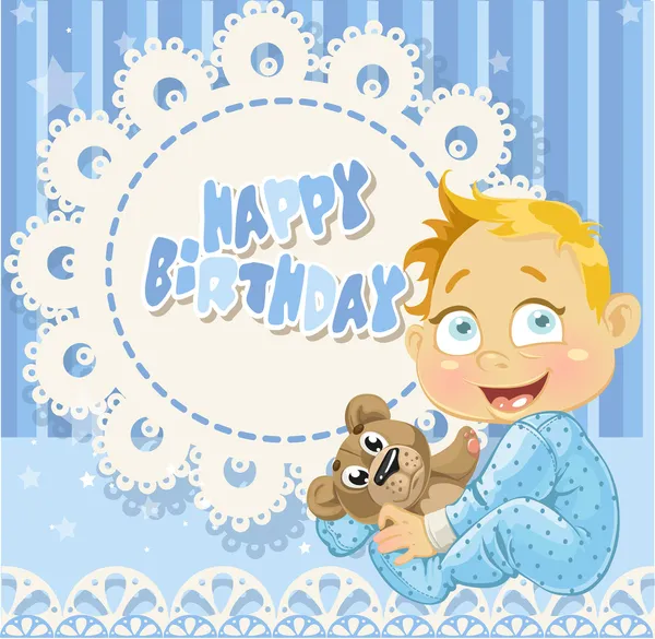 Happy Birthday blue openwork card for your greetings to baby boy — Stock Vector
