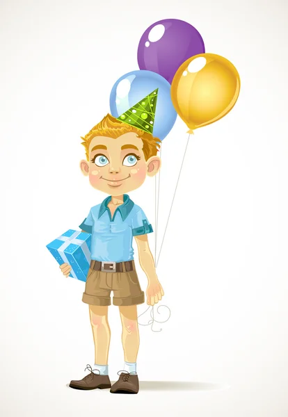 Cute little boy with a birthday gift and balloons — Stock Vector