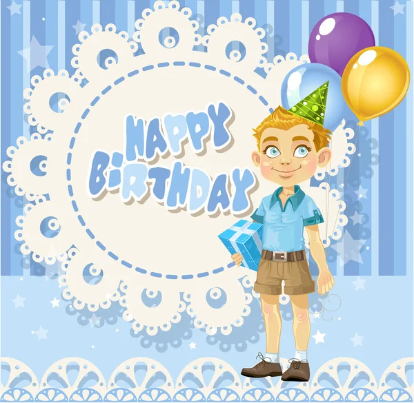 Happy Birthday blue openwork card for your greetings to cute boy — Stock Vector