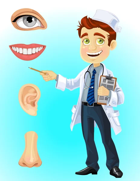 Söt läkare - indikerar på en del av ansiktet — Stock vektor