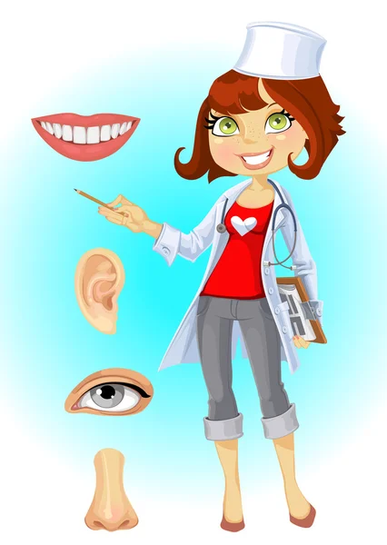 Cute woman doctor - indicating that the part of face — Stock Vector