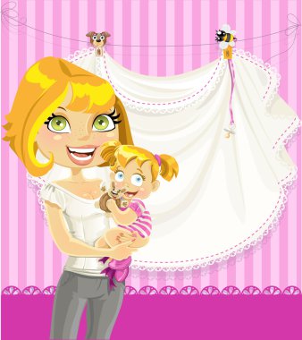 Mom with baby girl pink openwork announcement card clipart